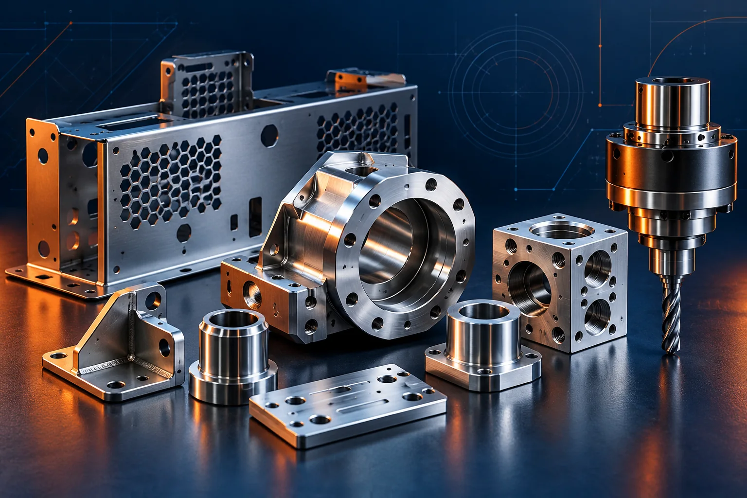Precision machined components and sheet-metal parts against a navy backdrop